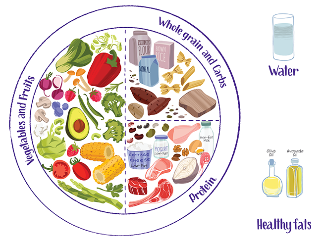 Proper nutrition proportions. Food balance tips. Hand drawn trendy flat style vector illustration with lettering isolated on white background.