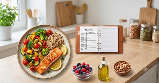 balanced metabolic-friendly meal featuring grilled salmon, roasted vegetables, and quinoa on a plate alongside an open meal planning notebook, fresh berries, nuts, and olive oil. balanced metabolic-friendly meal featuring grilled salmon, roasted vegetables, and quinoa on a plate alongside an open meal planning notebook, fresh berries, nuts, and olive oil.