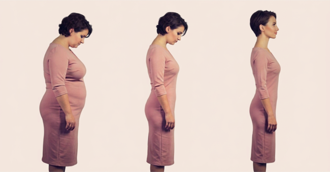 Three-stage side profile of a woman's weight loss progression in a fitted pink dress.