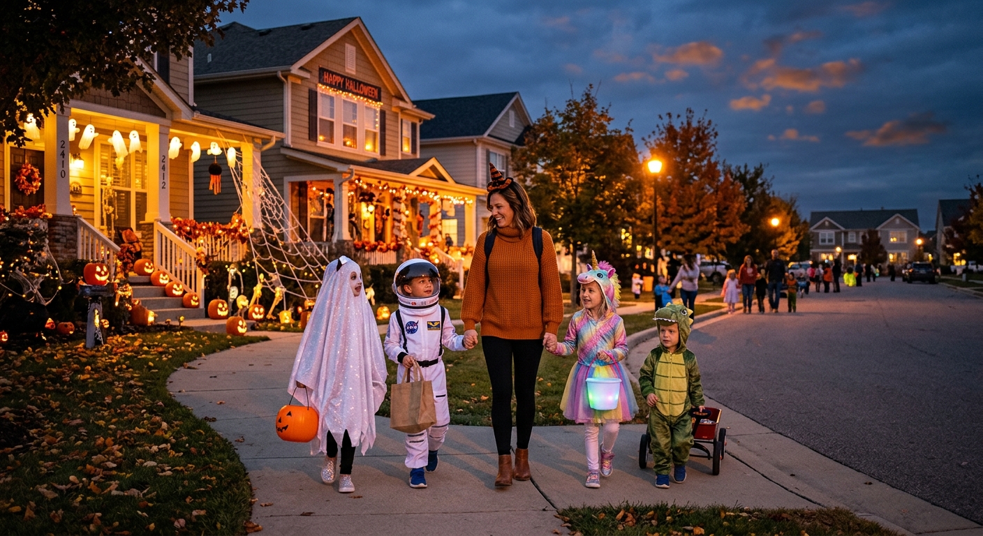 adult walking with trick-or-treaters during Halloween for exercise