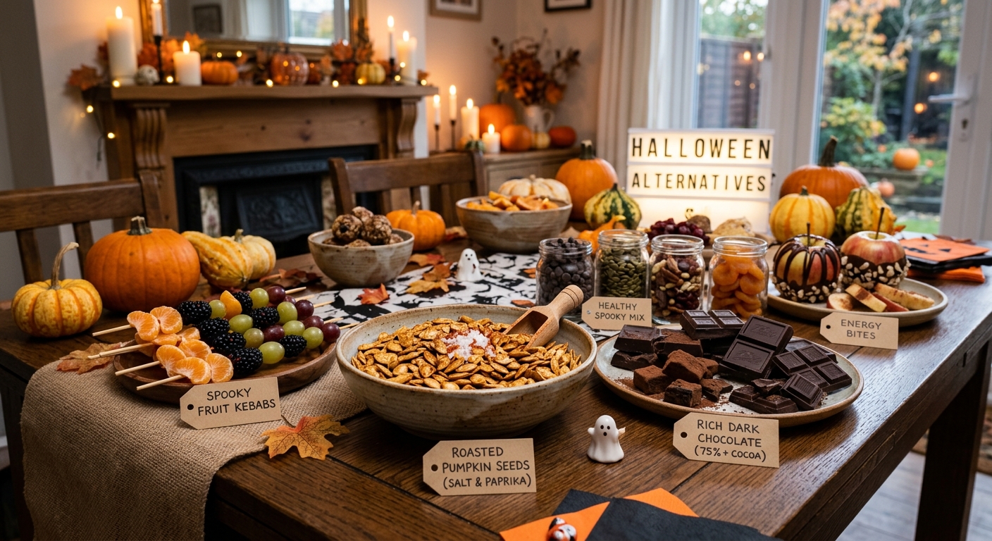 healthy Halloween candy alternatives arranged on a table
