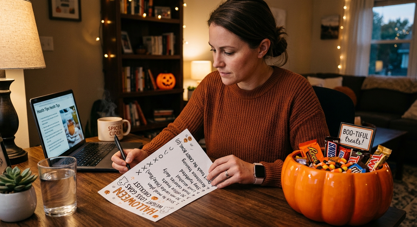 Weight Loss Goals Halloween planning checklist with candy bowl